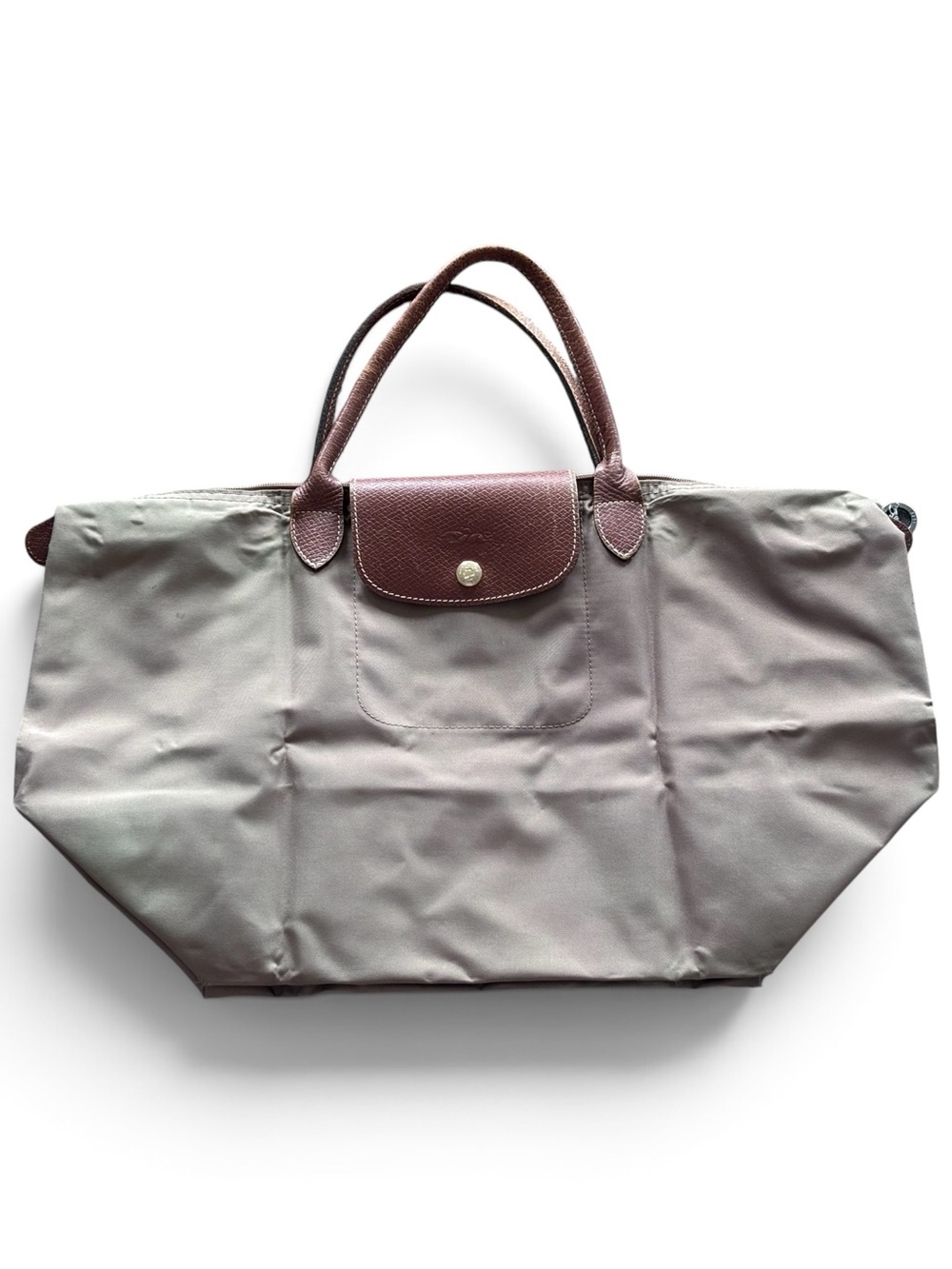 Longchamp Le Pliage Foldable Tote Bag in Khaki with Brown Trim